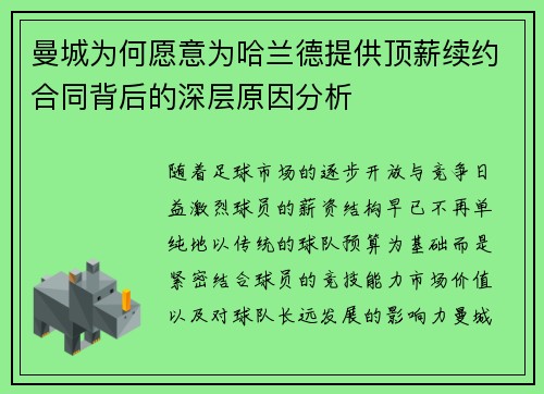 曼城为何愿意为哈兰德提供顶薪续约合同背后的深层原因分析