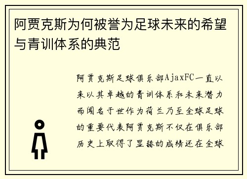 阿贾克斯为何被誉为足球未来的希望与青训体系的典范
